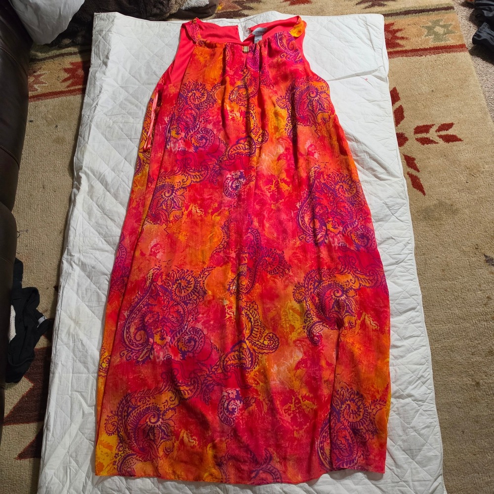 Catherines Womens Plus 3X Paisley Chiffon Maxi Dress Orange Pink Halter Neck